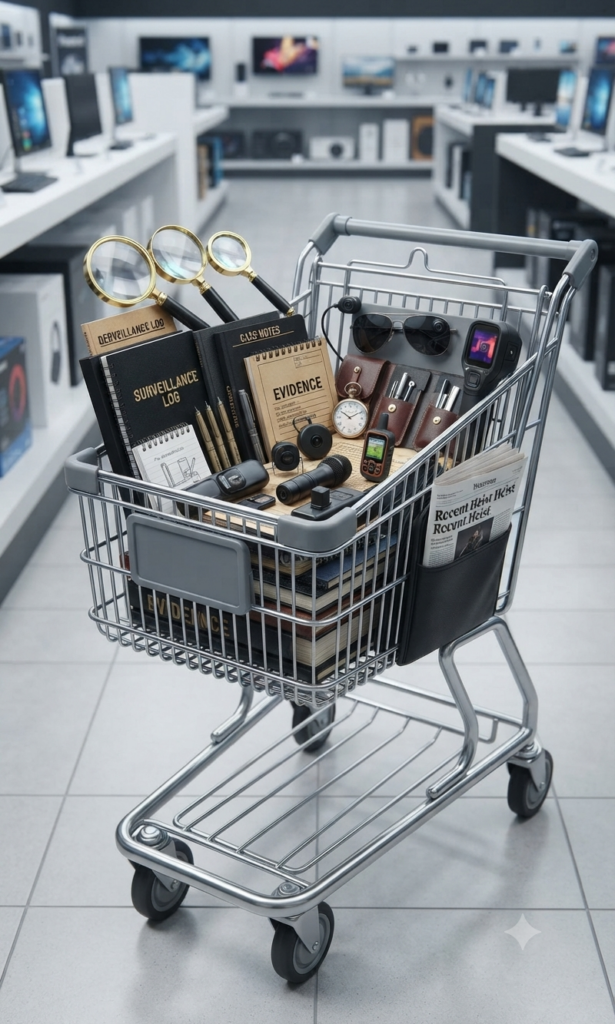 Carrito de compras conceptual lleno de herramientas de investigación y lupa, simbolizando servicios de detectives privados en Ecuador.
