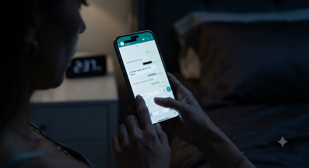 Persona revisando mensajes y chats en un teléfono móvil en una habitación oscura durante una investigación privada.