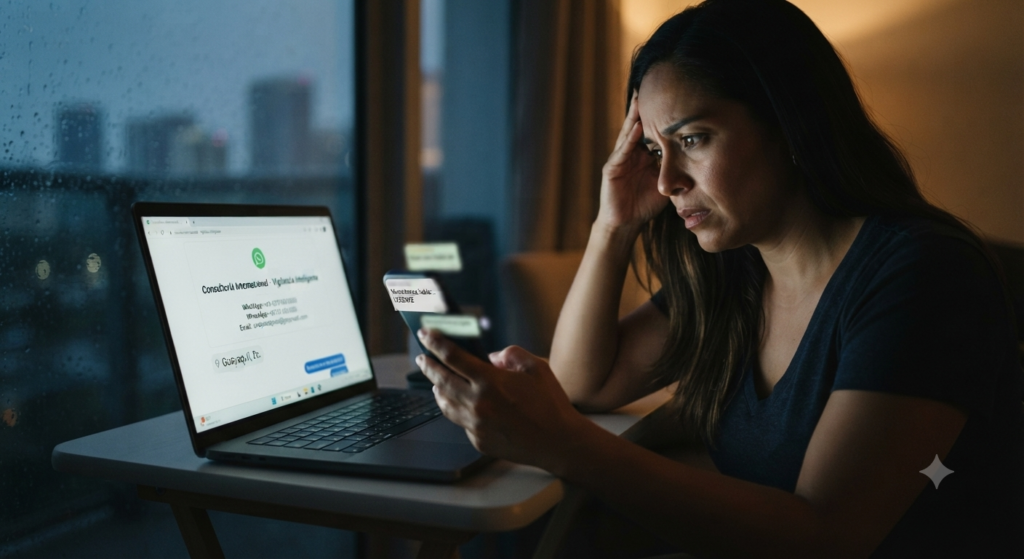 Mujer hispana revisando un teléfono móvil y una laptop en una habitación oscura con vista a una ciudad de Estados Unidos durante una investigación privada.