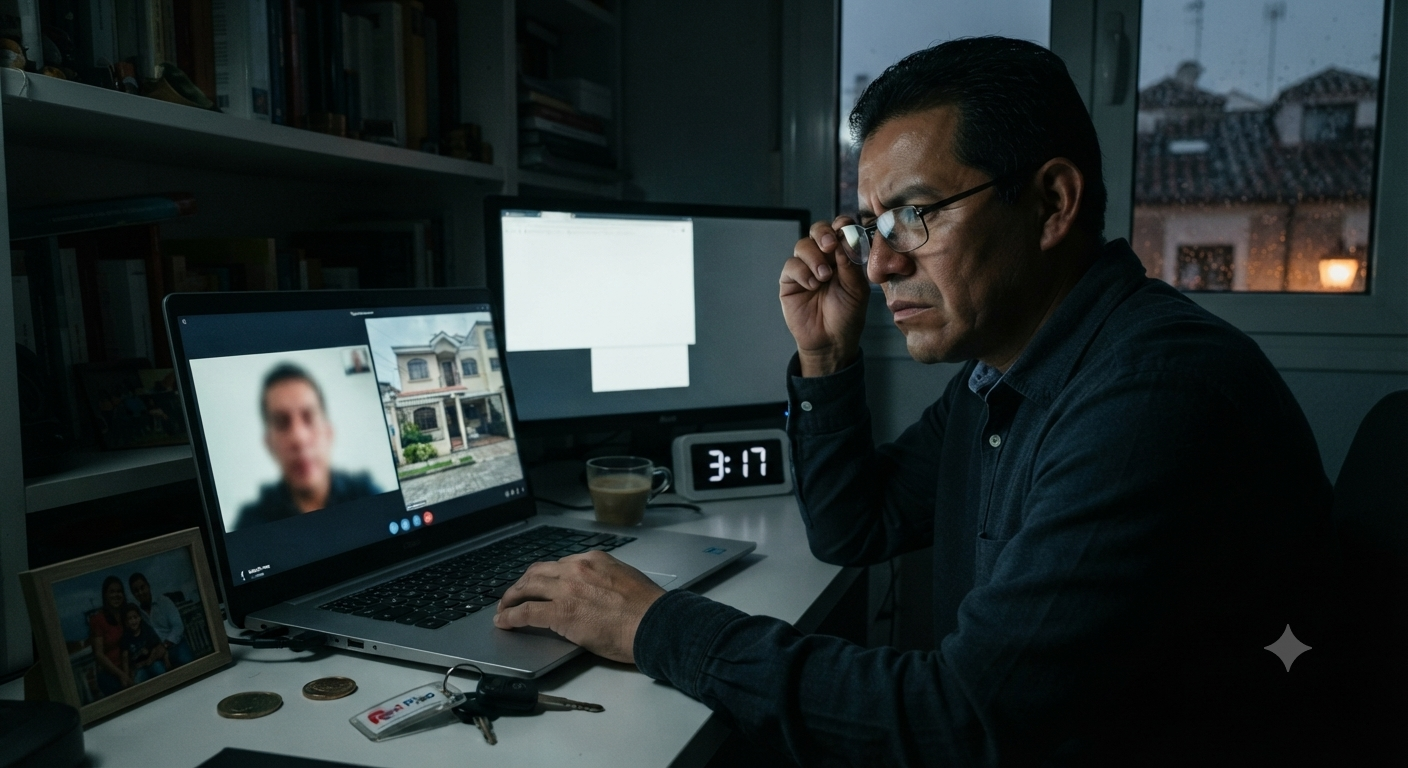 Hombre hispano revisando una videollamada de investigación privada y el estado de una propiedad en una laptop durante la madrugada en España.
